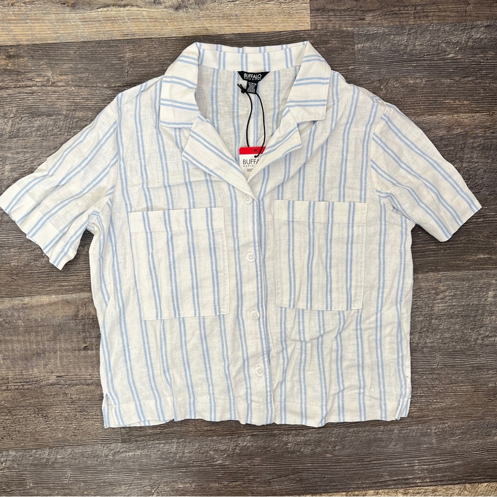 NWT buffalo David Bitton linen bl white blue blouse top shirt size medium M B168